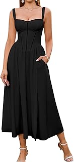 Floral Corset Midi Dress Flowy Slit Summer Spring Wedding Guest Dresses for Women Sundress with Pockets