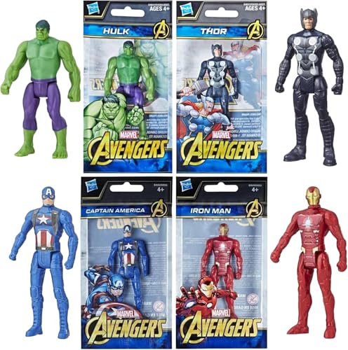 Marvel Action Figure & Blind Bag Bundles – Set di 4 personaggi Hulk, Thor, Iron Man e Capitan America, 9,5 cm