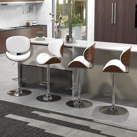 civama Bar Stools Set of 4 for Kitchen Counter, Adjustable Bar Height Chairs, Modern Swivel Barstools with Bentwood Seat and Back with Footrest for Kitchen Island, Dining Room, White PU Leather Cover