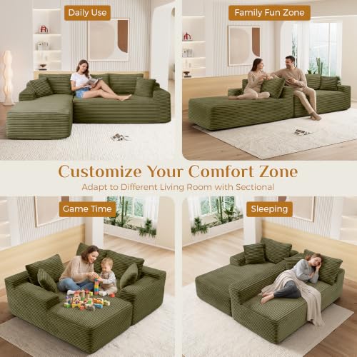 Image of 96 inch Boneless Cloud Sectional Couches for Living Room, Comfy Fluffy L Shaped Memory Foam Deep Seat Boneless Couch, Modular Sectional Sofa with Left Facing Chaise, Green