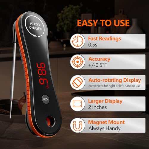 Meat Thermometer Digital - Paysean Instant Read Meat Thermometer with Auto Rotating Backlit Display, IP67 Waterproof for Cooking, Grilling, BBQ, Candy — view 2