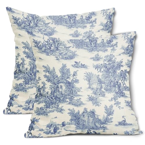 Blue Toile Pillow Covers 18x18 Inch Set of 2 Navy Blue and Beige French Country...