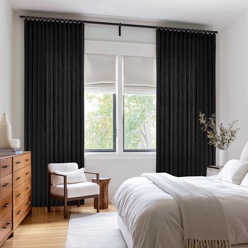 Image of Black Pinch Pleat Semi Sheer Linen Curtains 102 Inch Long for Living Room | Light-Filtering Privacy, Bedroom Sliding Door, Faux Linen Textured, Pinch Pleated Hook Rings Memory Shape, Luxury Elegant