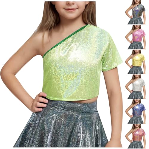 Girls One-Shoulder Sequins Dance Tops Metallic Sparkle Long Sleeve Crop T-Shirt Kids Performance Oufits for 3-16 Years2