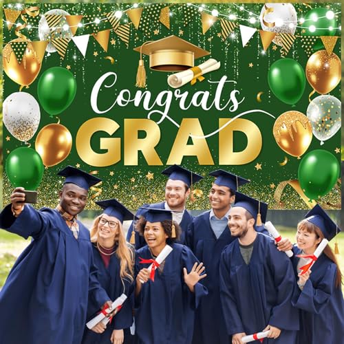 Image of AIBIIN Graduation Decorations 2026 Congrats Grad Backdrop Green Gold Glitter Balloons Congratulations Graduation Party Decorations Background for Photography Party Supplies 70.8x43.3 Inch