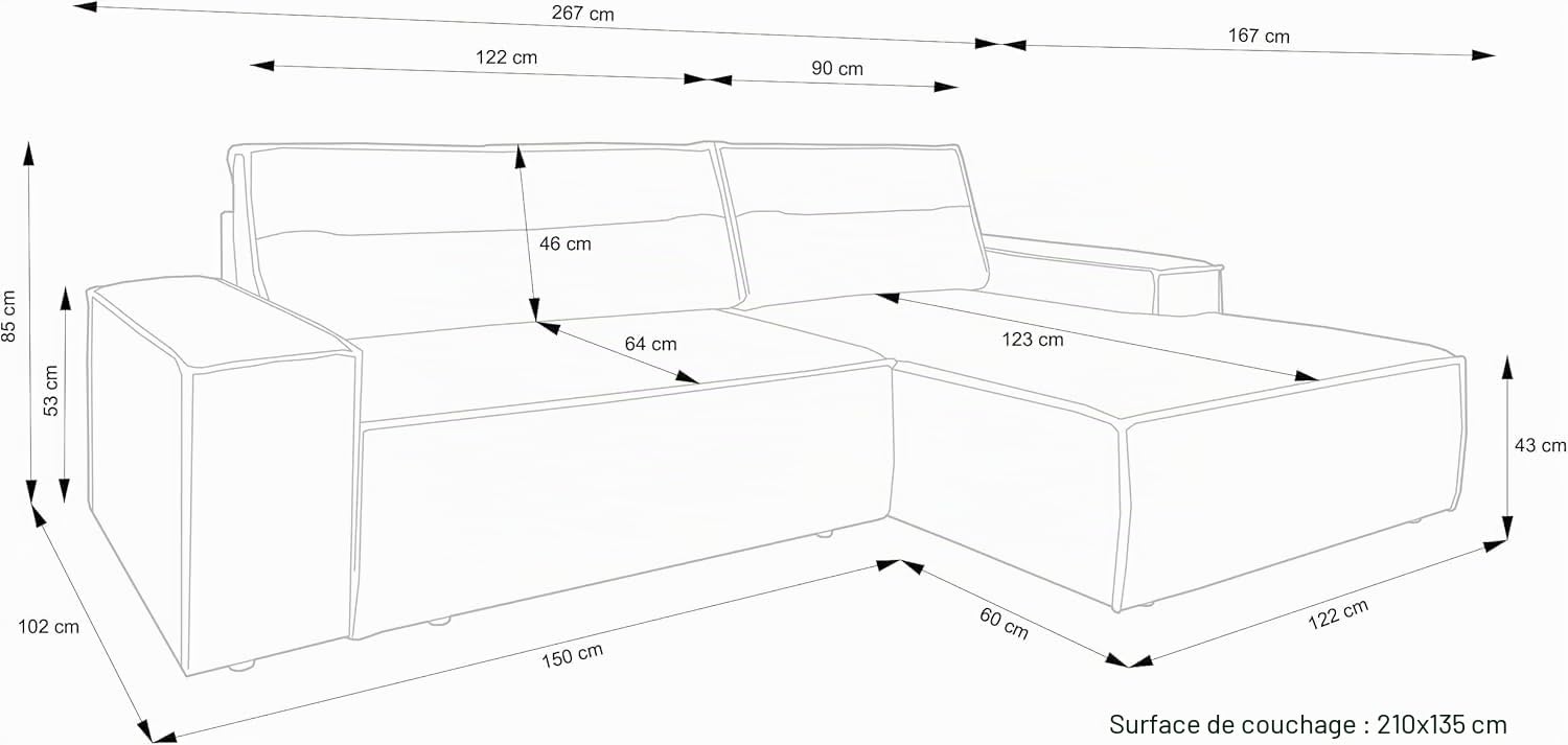Selsey FARESE New - Canapé d'angle - 267 cm - en L avec Coffre de Rangement canapé Droit en Velours côtelé Beige