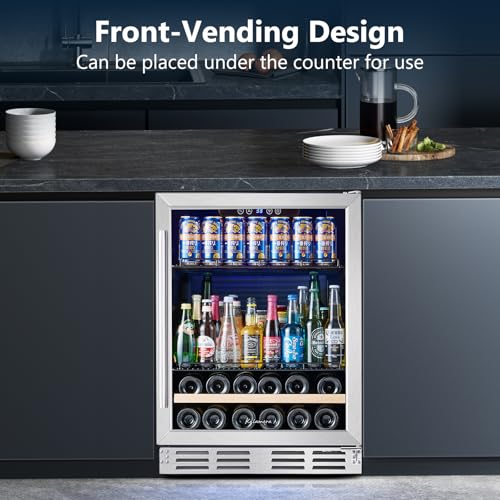 Image of Beverage Fridge 24 Inch Beverage and Wine Cooler Built-in or Freestanding - 120 Cans & 16 Bottles Capacity Wine Refrigerator Cooler