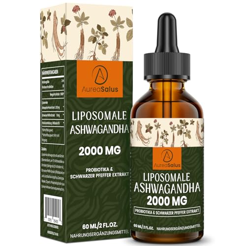 Liposomale Ashwagandha-Tropfen 2000mg Natürlicher Ashwagandha-Wurzelextrakt mit Schwarzem Pfeffer und Probiotika Vegan