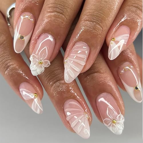24PCS Press On Nails Fake Nails White Floral Glitter Design with Ribbon Accents and Crystal Rhinestones Salon-Quality Manicure for Daily Wear and Special Events