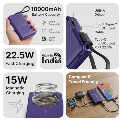 Image of pTron Dynamo Dash Magnetic Wireless 10000mAh Fast Charging Slim Power Bank, MagSafe, 22.5W Output, Compatible w /iPhone 12 /13 /14 /15 /16, Android & Other Qi Enabled Devices, Type-C Input (Purple)