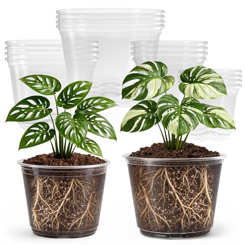 Bluepro 16 Pack 10/8/6/5 Inch Reinforced Large Clear Nursery Pots with Drainage Holes Transparent Variety Pack Plastic Plant Pot for Vegetable Propagation Root Cutting Seed Starting