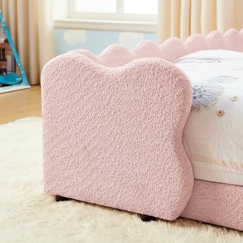 Image of Twin Size Kids Floor Bed Frame, Upholstered Montessori Platform Bed Cute Dinosaur-Shaped Daybed Frame for Girls Boys, No Box Spring Required, Pink