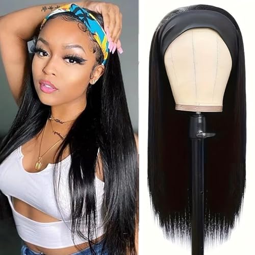 Image of Headband Wig Human Hair Straight 24 Inch None Lace Front Wig Human Hair Glueless Wigs Brazilian Virgin Hair Headband Half Wigs for Black Women 150% Density Natural Color