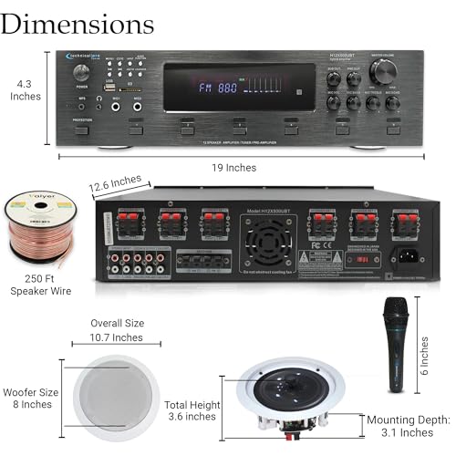 Image of Vaiyer Home Theater Sound System Kit - 6 Channel 6000 Watts Bluetooth Amplifier, 8 Qty of 8 inch Framed Ceiling Speakers 300 W Each, Mic, 500 ft Speaker Wire & Remote for Home, Office, Restaurant