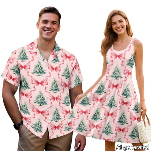 Image of Dreaweet Summer Dresses for Women A-Line Sleeveless Flowy Sun Dresses,Men's Casual Button-Down Shirts,Couple Matching Outfits