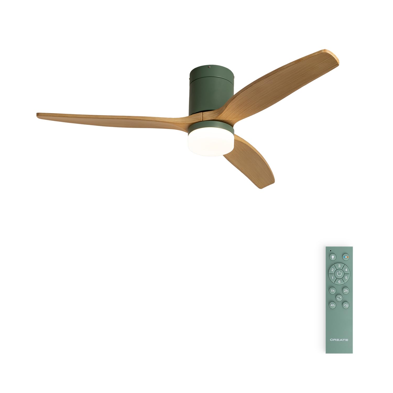 CREATE / WINDCALM M/Ventilatore da soffitto ABS con luce verde sage pale effetto legno chiaro e telecomando / 40W, Silenzioso, Ø132 cm, 3 temperature di luce, temporizzatore, funzione estate-inverno