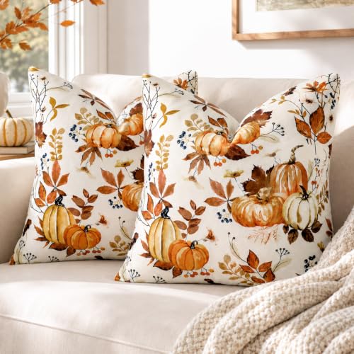 ZWJD Funda Cojine 40x40 CM Otoño Juego de 2 Unidades, Fundas Cojines con Calabazas y Hojas, Cojines Decorativos para Acción de Gracias Tejido Mixto de Algodón, para Sofás, Salones y Estilo Rústico.