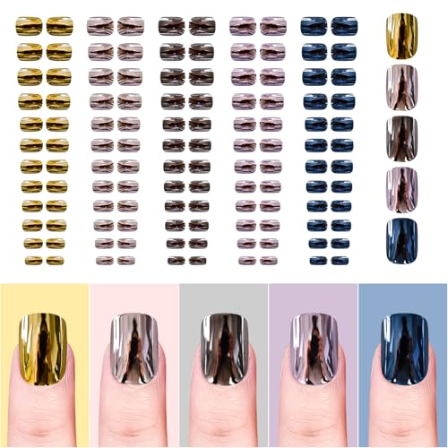 5 Packs Press on Nails Metallic Mirror Dark Blue Red Golden Purple Colors Nail Art Tips Short Squoval False Nails Salon Manicure Kits Reusable Acrylic Nails Fake Fingernails with Adhesive Tabs