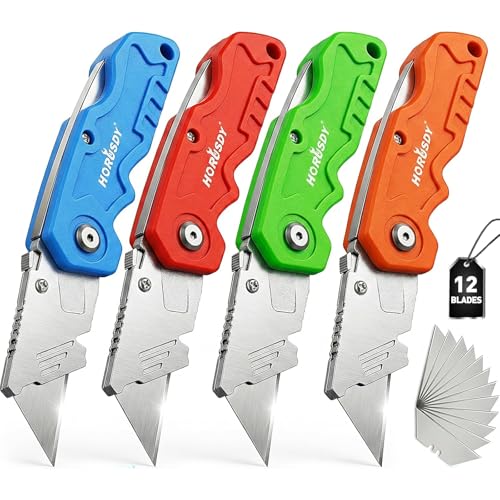 HORUSDY 4-Pack Folding Utility Knife Set, Heavy-Duty Box Cutters with 12 Extra Blades, Quick-Change...