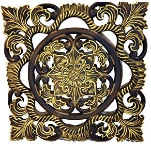 Amazon アジアン雑貨 バリ雑貨 バリ島のウッドレリーフ 40 40 Jawa彫刻花柄 ゴールド ブラウン 壁掛け レリーフ オブジェ 木製 Yayapapus ヤヤパプス 置物 オブジェ 通販