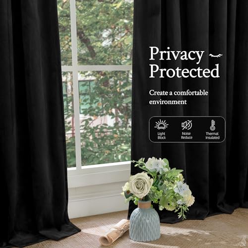 LAMIT Black Velvet Blackout Curtains 90 Inches Long, Luxury Thermal Room Darkening Panels for Bedroom Back Tab and Rod Pocket Soundproof Halloween Drapes for Living Room, 2 Panels, 52 x 90 Inch