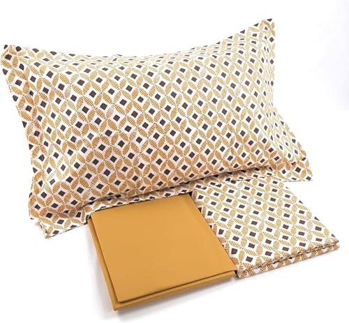 Fazzini Completo Lenzuola per letto da una piazza e mezza in Pura Tela di Cotone a tessitura fitta art. Path (Ocra)