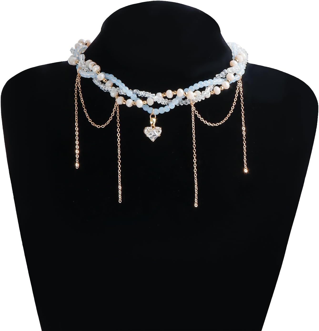 Layered Pearl Fringe Choker Necklace For Women, White Beaded Heart Pendant With Dainty Chain Tassels, Gothic Punk Statement Collar Jewelry - Image 9