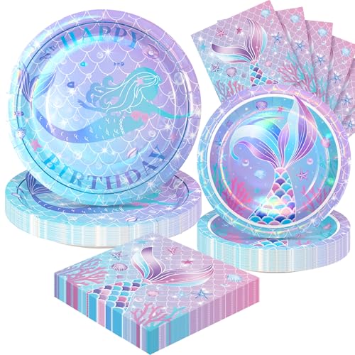 72PCS Mermaid Birthday Plates and Napkins, Mermaid Themed Party Supplies