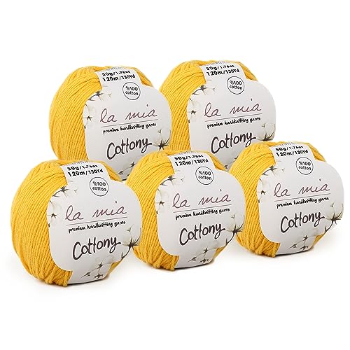 5 Ball%100 Cotton Total 8.8 Oz. La Mia Cottony Each 1.76 Oz (50g) / 130 Yrds (120m) Super Soft, Dk Light Baby Yarn, Mustard Yellow - P18