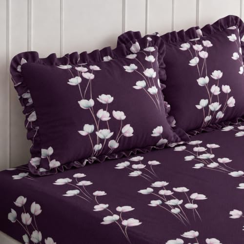 Image of Elastic Fitted King Size Bedsheet Cotton for Double Bed | 72 inchx78 inch +10 Inch, Floral, Soft & Breathable, Fade & Shrink Resistant, 2 Pillow Covers (Deep Plum)