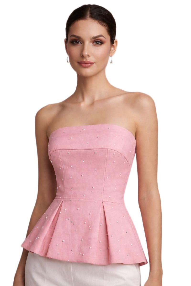 sheate Women Embellished Peplum Top | Strapless | Pearl Detail | Structured Bodice | Pleated Flared Hem | Fitted Silhouette | Formal Western Top for Women-picture-54