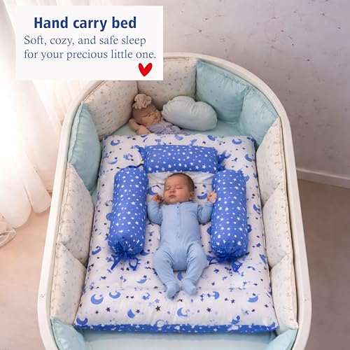 Image of Fareto Combo of Baby Bed with Net | Carry Bag | 4 Pcs Bedding Set (0-6 Months, Baby Size, Cotton) (Blue Moon)