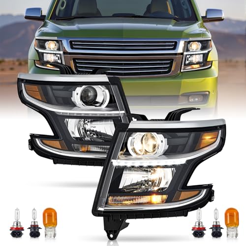 VRC LED DRL Projector Headlight Assembly Compatible with 2015-2020 Chevy Tahoe/Suburban Halogen Headlamp w/Bulbs Driver & Passenger Side