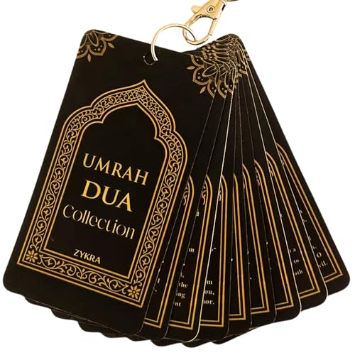 ZYKRA - Premium Umrah Dua Cards Prayers & Quran Umrah Essentials - Ribbon to wear on neck over Ahraam/Ihram/Ehram and before Hajj or Pilgrim | Kit- Laminated Umrah Dua in Arabic & English