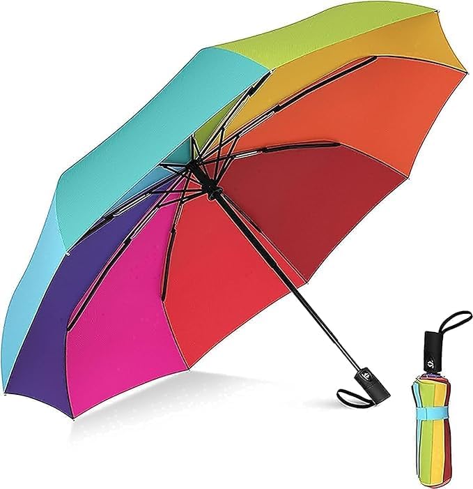 G4FreePortable Auto Travel Umbrella - Windproof for Rain, Strong for Wind, Auto Open Close Button, Perfect for Car, Men & Women (Rainbow)