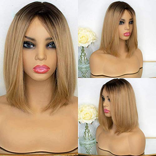 JZYQYH Honey Blonde Omber Color Lace Front Wig, Short Straight Brown Wig With Dark Roots Glueless Synthetic Lace Front Wig Shoulder Length 14" For Women