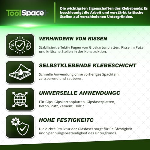 ToolSpace Glasfaserband Gewebeband EXTRA STARK Selbstklebend Glasfasergewebe Spachtelnetz 10cm x 20m Fugenband Fiberglass Rissbrucke Füllen von Rissen Reparieren Fugen Armierungsgewebe Armierungsband
