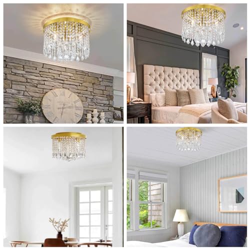 Image of 3-Lights Brass Finish Crystal Ceiling Light Chandelier Jhoomar Pendant Lamp Jhumar Lighting for Home & Living Room (13 Inch, Glass & Metal)