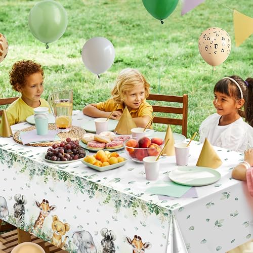 Image of TREWAVE 3 Pcs Jungle Safari Animal Tablecloths Wild Animals Plastic Table Cover Wild Creatures Printed Tablecloth for Boy Girl Baby Shower Birthday Table Decoration Supplies, 54 inch x 108 inch