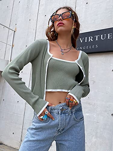 Shein Women's Long Sleeve Button Rib Knit Cardigan 2 Pieces Pullover Crop Top Sweater Set Mint Green Medium #TOP6