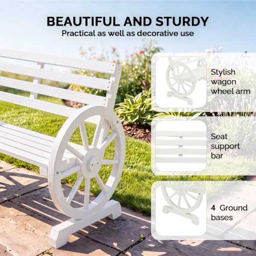 Image of VINGLI Rustic Wooden Wheel Bench Outdoor Bench, Patio Bench Wagon Slatted Seat, Garden Benches for Outdoors 350lbs High Capacity, Weather Resistance (White, 41in)