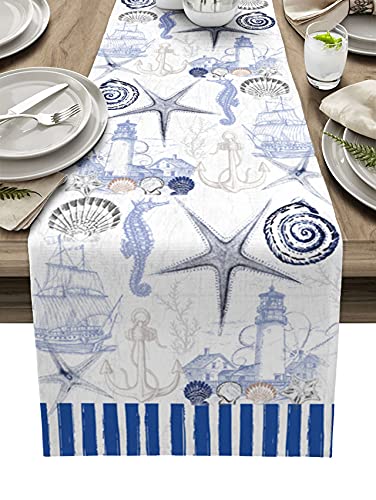 Linen Burlap Dining Table Runner Dresser Scarves Seashells Starfish Lighthouse Seahorse Ocean Coastal Vintage Blue Texture Table Runners for Family, Farm, Party, Table Decor-