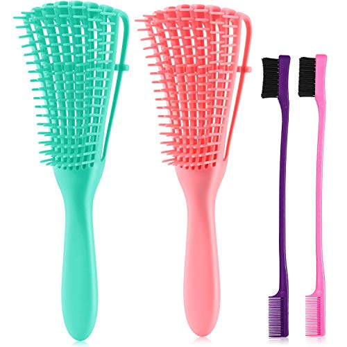 2 Piece Detangling Brush Afro Textured 3a to 4c Kinky Wavy Vented Hair Detangler Brush with Edge Brush Double Sided for Wet/ Dry/ Long Thick Curly Hair, Exfoliating Scalp for Beautiful and Shiny Curls
