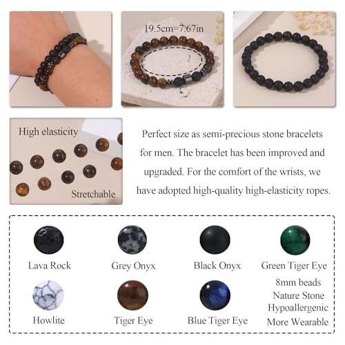 SAMOCO 12Pcs Tiger Eye Bracelets For Men Natural Stone 8mm Beads Bracelets Set Stretch Adjustable Lava Rock Black Crystal Beaded Bracelet for Men Women Gifts3