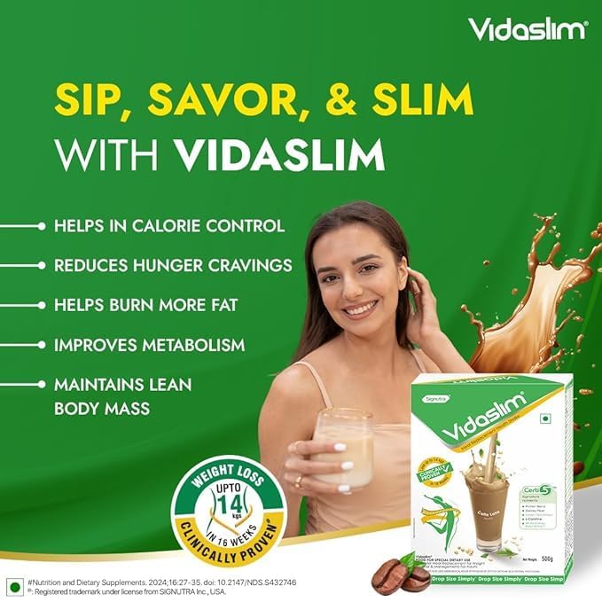 Image of Vidaslim Caffe Latte 500g - Protein Powder For Men & Women Weight Control & Management | Clinically Proven Meal Replacement Protein Health Shake | No Added Sugars | 22.8g Protein Per Serve | Green Tea & White Kidney Bean Extracts