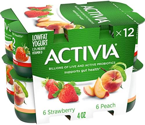 ACTIVIA Probiotic Lowfat Yogurt, Variety Pack, Peach & Strawberry, Non-GMO Project Verified, 4 Oz, Pack of 12