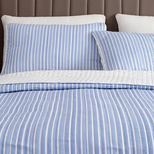 Great Bay Home 3-Piece Full/Queen Reversible Lightweight Quilt Comforter with 2 Shams | All-Season, Modern, Striped Bedspreads | Blue Striped Coverlet Sets | Marcie Quilts Collection