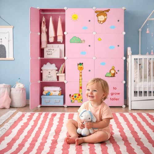 Image of Mevigo Foldable Plastic Wardrobe for Clothes - 12- Door Baby Cupboard for Clothes Storage, Wardrobe for Kids, Plastic Almirah, Collapsible Wardrobe for Kids Livingroom & Home (Pink- R4, 12- Door)