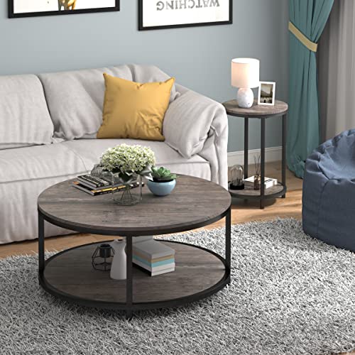 Image of NSdirect Round Side Table Set of 2,16in Rustic Wooden End Table Surface Top & Sturdy Metal Legs Nightstand for Living Room Bedroom Farmhouse Sofa Table with Storage Open Shelf,Light Walnut