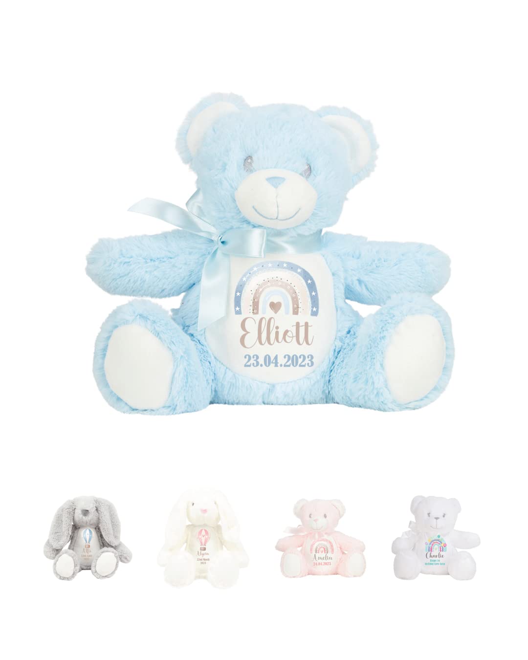 Hoolaroo Personalised Teddy Bear for Girl New Boy Baby Gift Newborn Baby Present 1st Birthday Gift 2nd 3rd 4th 5th Teddies Christening Baptism First Keepsake Rainbow (Blue Teddy